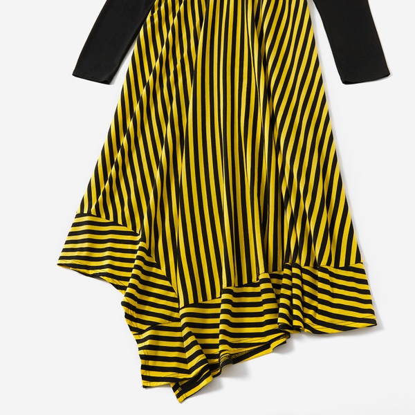 Maternity Round collar Stripes full print Black Midi Irregular skirt Long-sleeve Dress