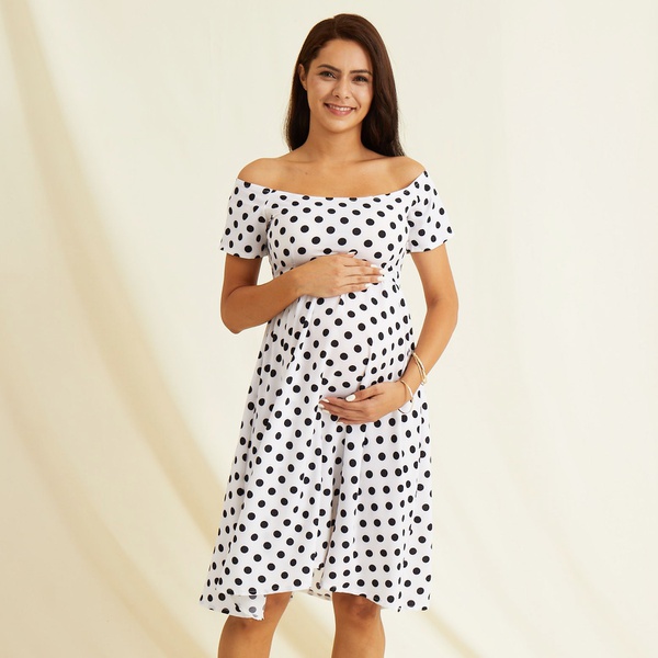 Trendy Dotted Off Shoulder Maternity Dress