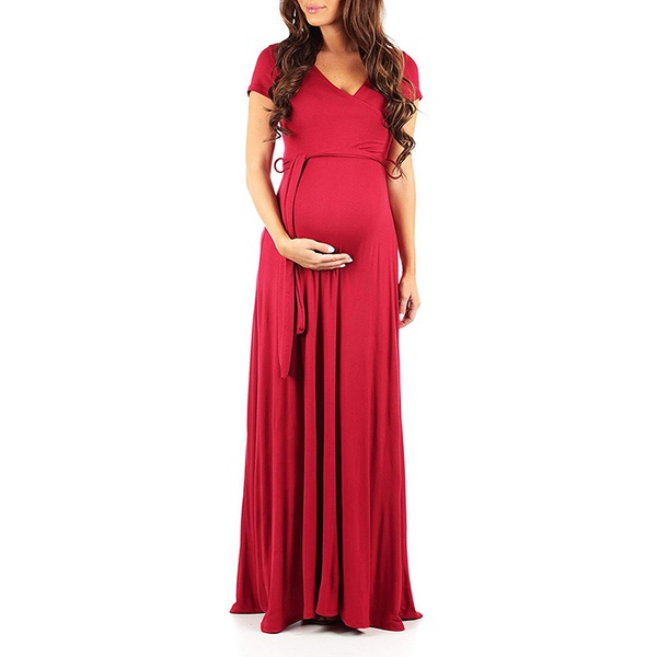 Trendy Solid V Neck Short-sleeve Maternity Maxi Dress