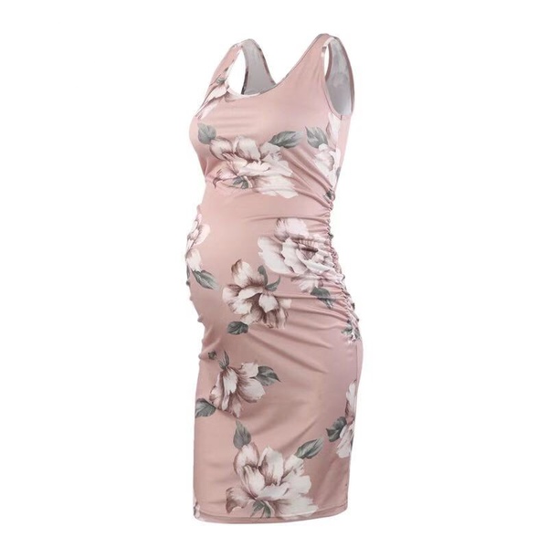 Maternity Round collar Floral full print Longline Tank Sleeveless Dress