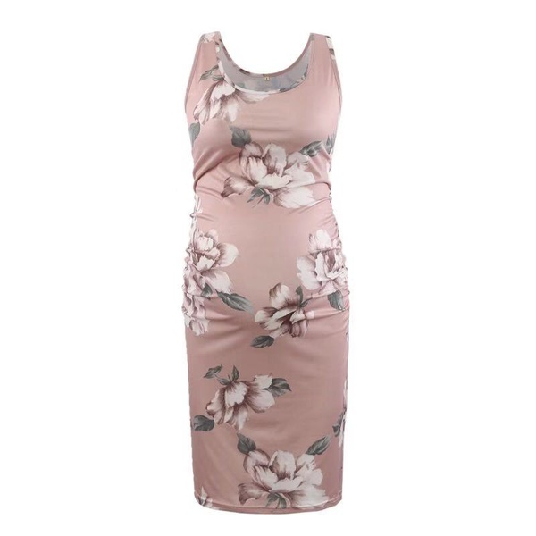 Maternity Round collar Floral full print Longline Tank Sleeveless Dress