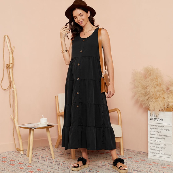 Maternity Round collar Plain Black Maxi A Sleeveless Dress