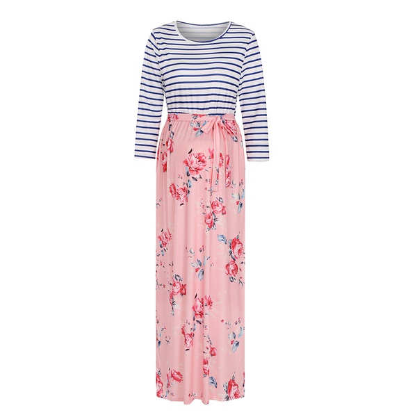 Maternity Round collar Floral full print Midi A Long-sleeve Dress