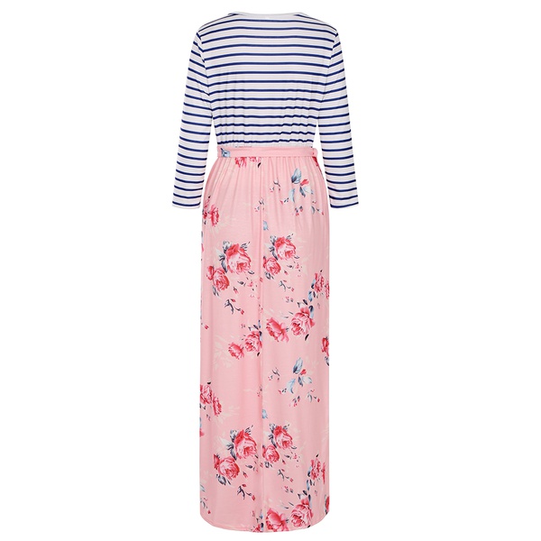 Maternity Round collar Floral full print Midi A Long-sleeve Dress