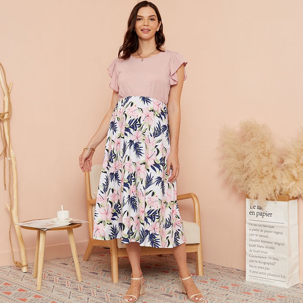 Maternity Round collar Floral full print Dark Pink Midi A Short-sleeve Dress