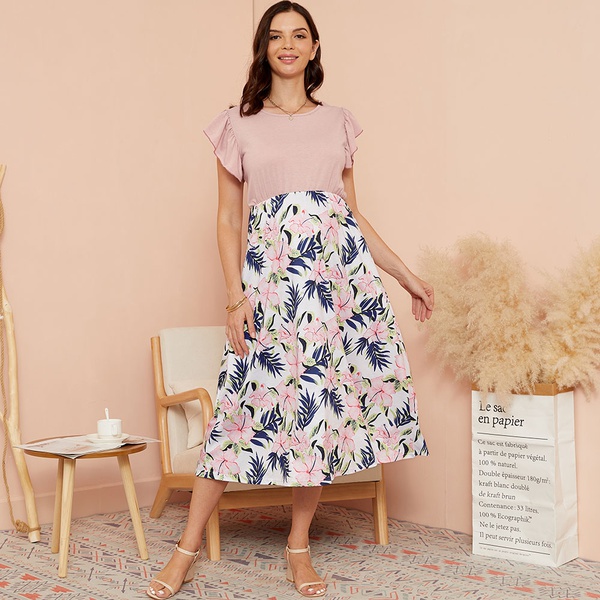Maternity Round collar Floral full print Dark Pink Midi A Short-sleeve Dress