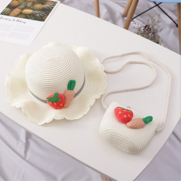 2-piece Summer Strawberry and Carrot Decor Straw Hat with Bag