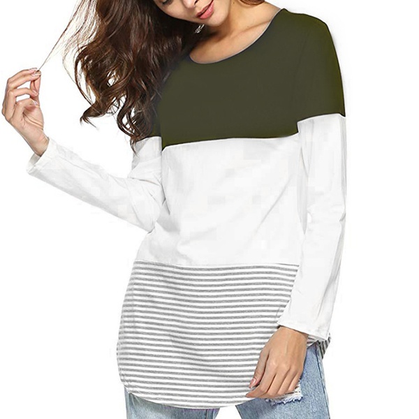 Round collar Color Block Color block long sleeve casual T-shirt
