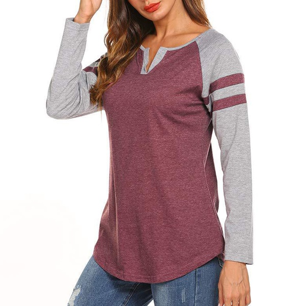 V-neck Color Block Color block long sleeve casual T-shirt
