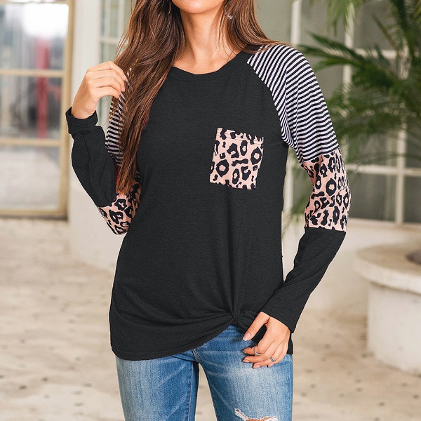 Round collar Stripes Color block long sleeve casual T-shirt