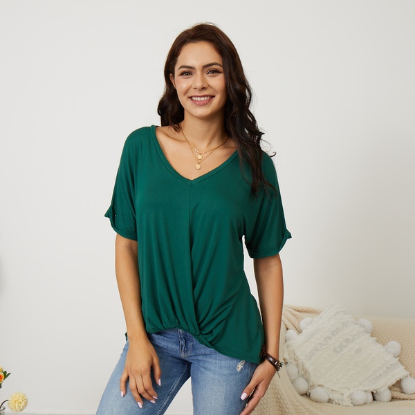 Casual V Neck Short-sleeve Solid Tee