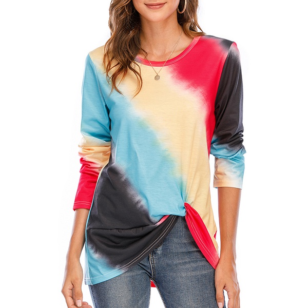 Round collar Tie dye Positioning print long sleeve casual T-shirt