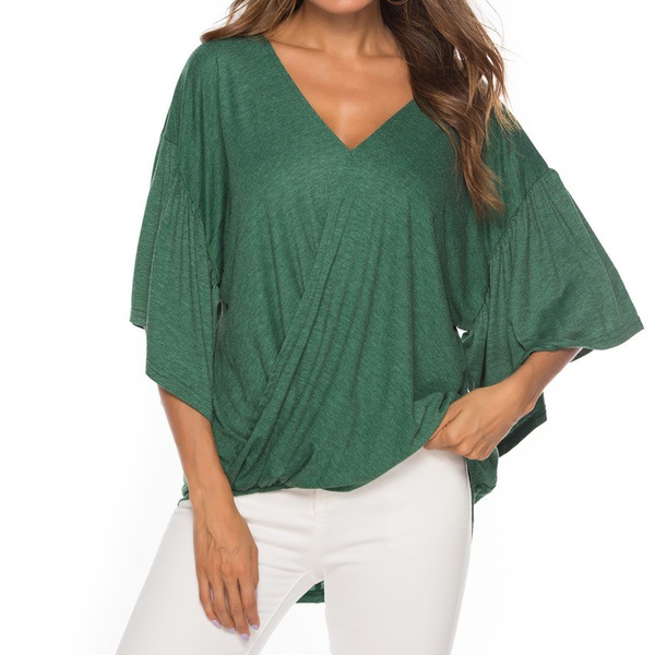 Pretty V Neck Flounce- sleeve Solid Loose Tee