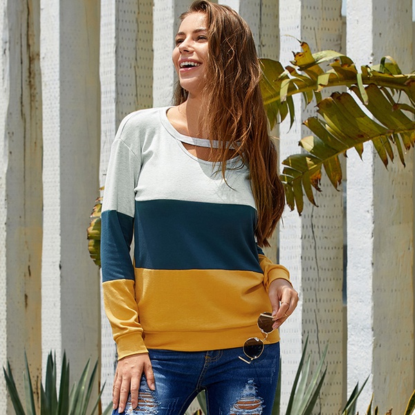 Stylish Color Contrast Hollow-out Long-sleeve Top