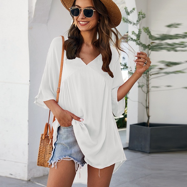 Pretty V Neck Solid Loose Tee
